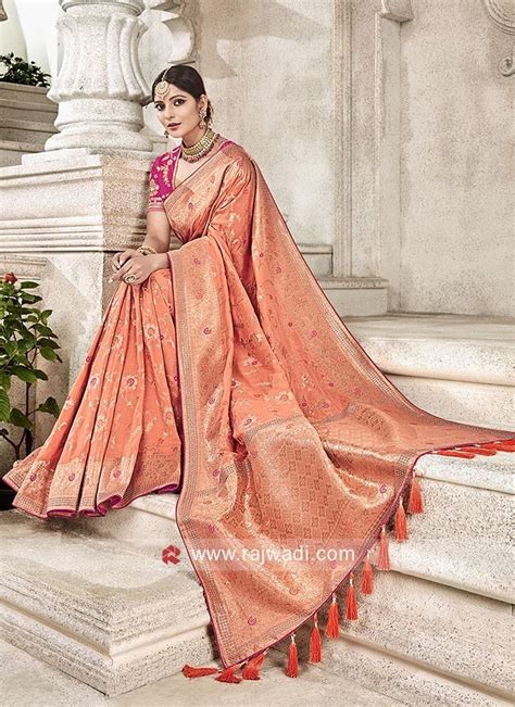 Peach Banarasi Silk Saree With Images Saree Styles Wedding Saree Indian Satin Saree