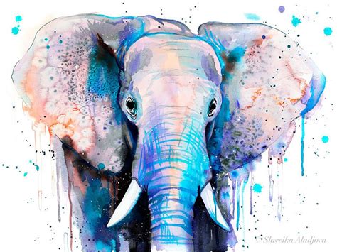 Blue Elephant Head Watercolor Painting Print By Slaveika Aladjova Art