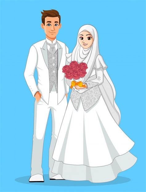 Premium Vector National Muslim Brides In White And Silver Clothes Bride And Groom Cartoon