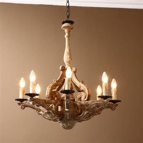 Retro French Country Carved Wood Light Distressed Candle Style Chandelier