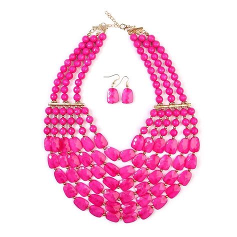 Womens Popular Beaded Statement Necklace Set For Her Hot Pink