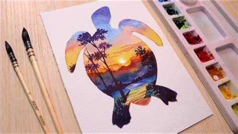 Watercolor Painting Tutorial Sunset Landscape Easy Double Exposure