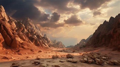 Premium Photo A Desert Scene With A Rocky Landscape And Mountains In