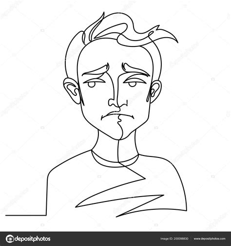Sad Man Portrait One Line Art Unhappy Male Facial Expression Hand