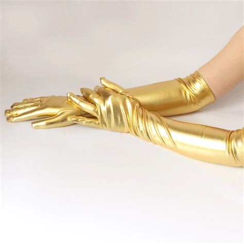 buy women sexy elbow length long latex gloves wet look fake leather metallic