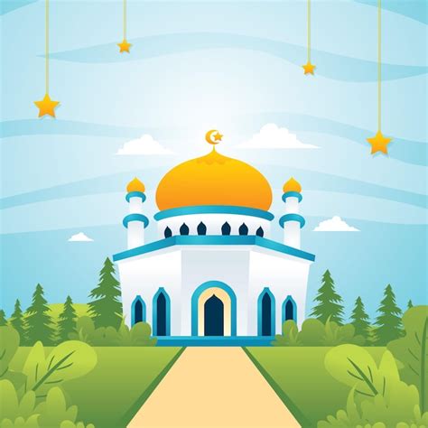 Premium Vector | Mosque with nature landscape, islamic landscape flat style