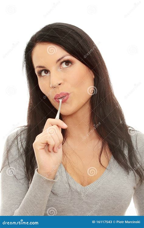 Woman With Spoon In Her Mouth Stock Photos Image