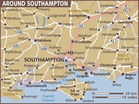 Satellite image of southampton, united kingdom and near destinations. Map of Southampton