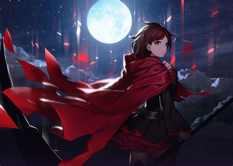 Hd Wallpaper Rwby Ruby Rose Cape Moon Leaves Scythe Anime