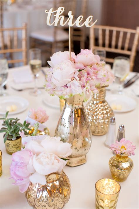 Gold Galvanized Vases With Blush Peonies Centerpieces Glam Wedding