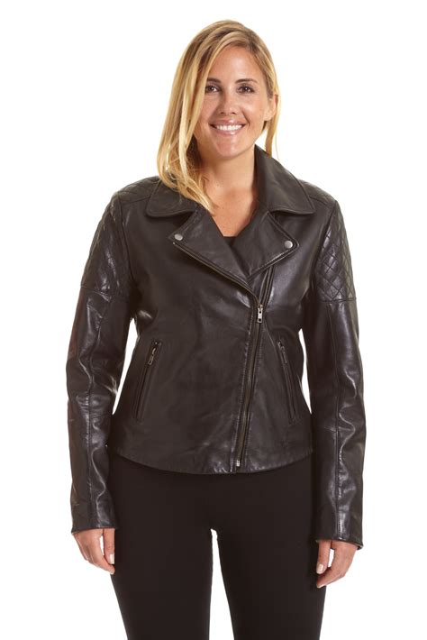 Excelled Womens Plus Size Lambskin Leather Asymmetrical Zip Moto Jacket