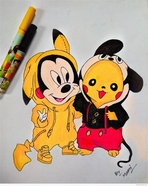 Wonderful Pencil Color Of Mickey And Pikachu Desi Painters
