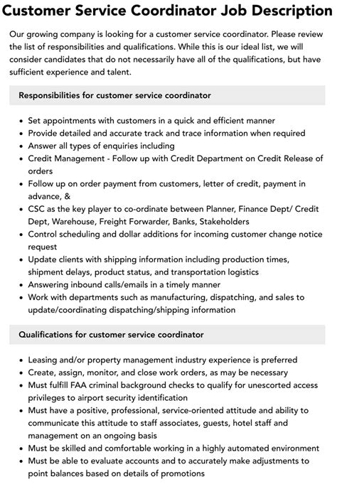 Customer Service Coordinator Job Description Velvet Jobs