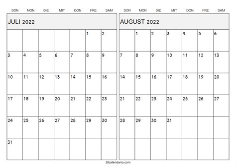 Kalender Juli August 2022 Two Month Calendar 2022