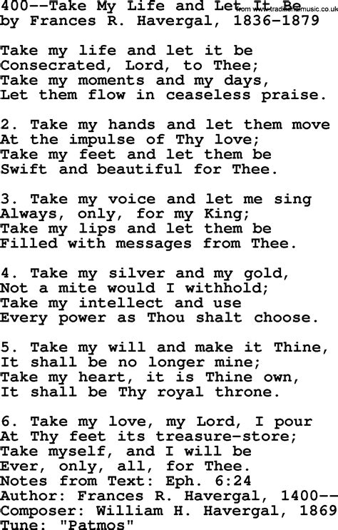 Lutheran Hymns Song400 Take My Life And Let It Be Lyrics And Pdf