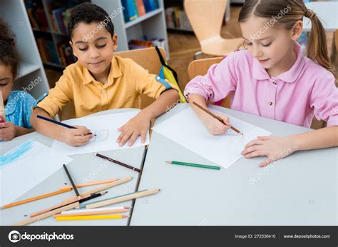 Cute Multicultural Children Drawing Papers Color Pencils Stock Photo By