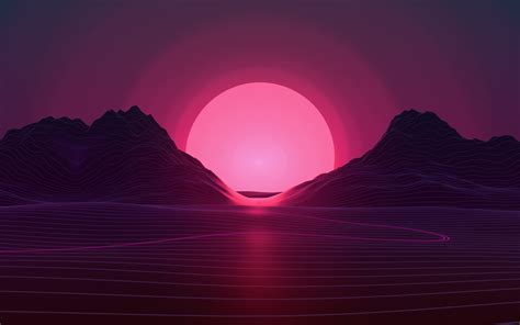 Download 1920x1080 Neon Sunset Mountains Digital Art Wallpapers For