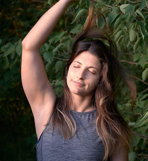 Model Grabbing Her Hair In The Woods Stock Image Image Of Femininity