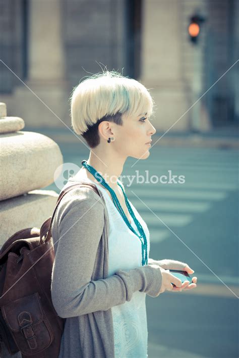 Beautiful Young Blonde Short Hair Hipster Woman In The City Royalty