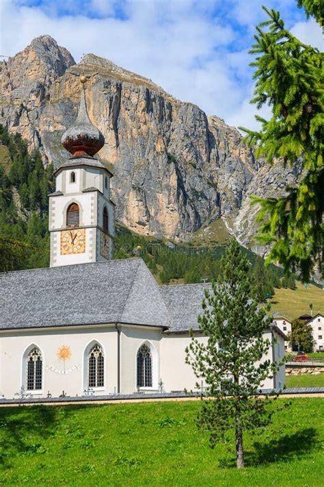 Church In Colfosco Alpine Village Dolomites Mountains Italy Stock