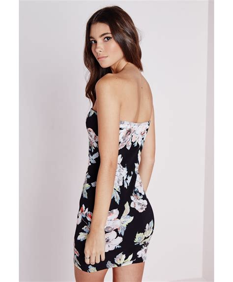 Lyst Missguided Strapless Bodycon Dress Black Floral In Black