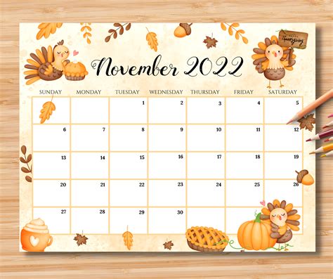 Editable November 2022 Calendar Happy Thanksgiving Planner Etsy Norway