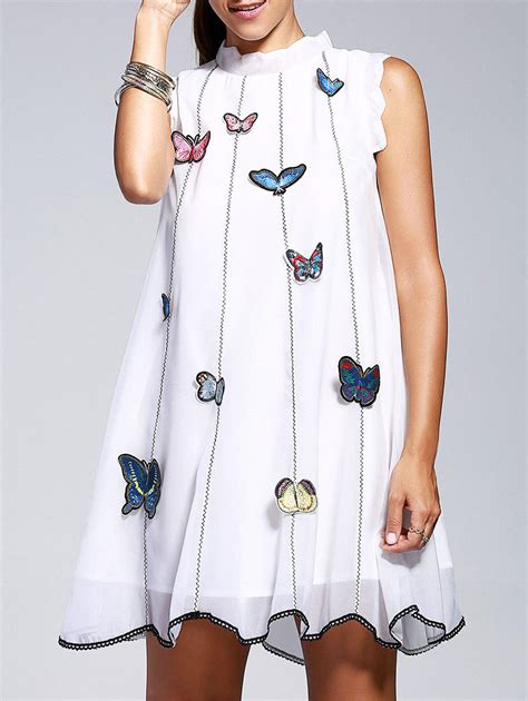 White One Size Fit Size Xs To M Elegant Sleeveless Butterfly Embroidery A Line Women S Dress