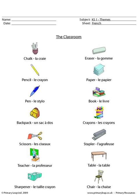 French Classroom Objects Uk French Worksheets