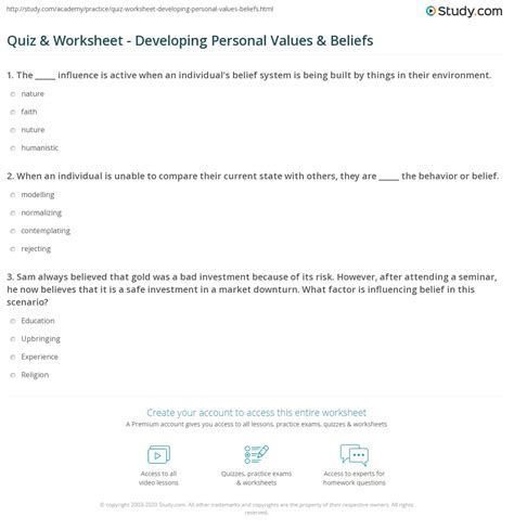 Quiz And Worksheet Developing Personal Values And Beliefs