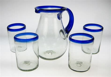 Pitcher Traditional Blue Rim Made In Mexico With Recycled Glass