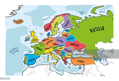 Colorful Hand Drawn Vector Map Of Europe With Countries Names Doodle