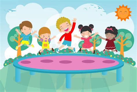 Kids Jumping On Trampoline Child Practicing Different Sports And