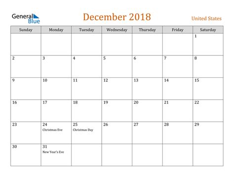 United States December 2018 Calendar With Holidays