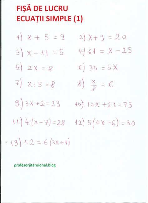 Exemple De Ecuatii Simple 1 Fisa De Lucru Cu Ecuatii Rezolvate