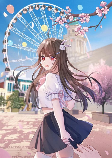 2k Free Download Girl Glance Ferris Wheel Amusement Park Anime