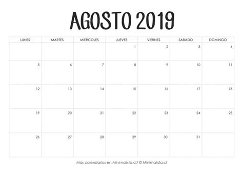 Calendario Agosto 2019 Para Imprimir Calendario Plantilla Calendario