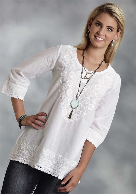 Roper® Womens White Cotton Crewel Embroidered Western Tunic White Tunic Shirt White Tunic