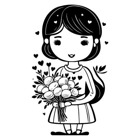 Girl Holding A Bouquet Of Flowers Valentine Illustration Sketch Hand