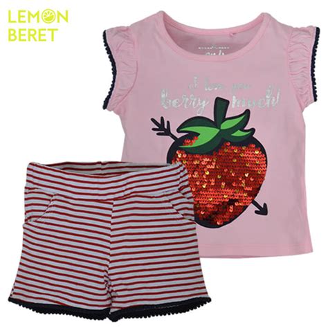 Сет тениска с ягода в розово и раирани панталонки от Lemon Beret Точици