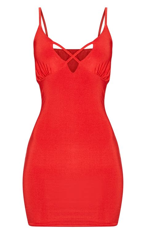 Red Strappy Bust Detail Bodycon Dress Prettylittlething