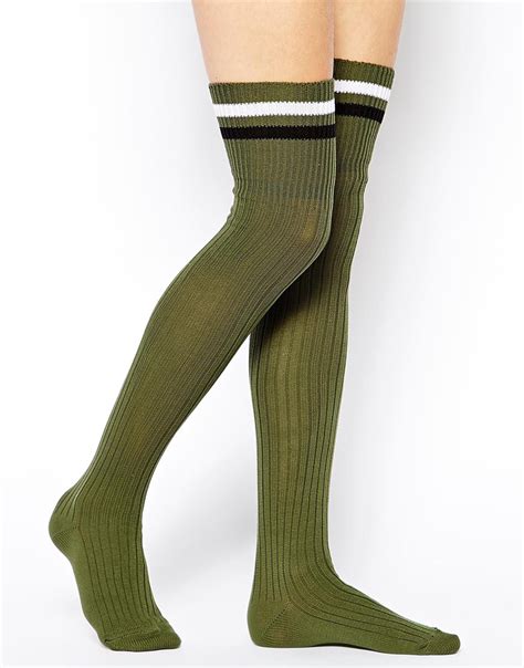 Lyst Asos 2 Stripe Over The Knee Socks In Green