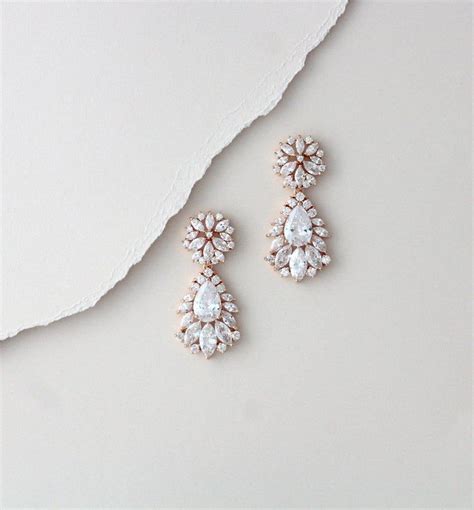 Rose Gold Bridal Chandelier Earrings Crystal Leaf Wedding Etsy