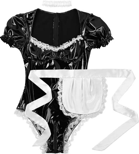 Ladies Wet Look Patent Leather Body Maid Costume Cosplay With Feast