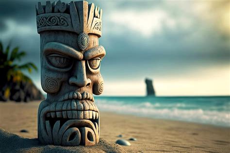 Premium Photo Hawaiian Wooden Totems Tiki Mask On Seashore