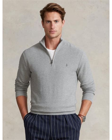 polo ralph lauren mens mesh knit cotton quarter zip jumper andover grey heather sweater