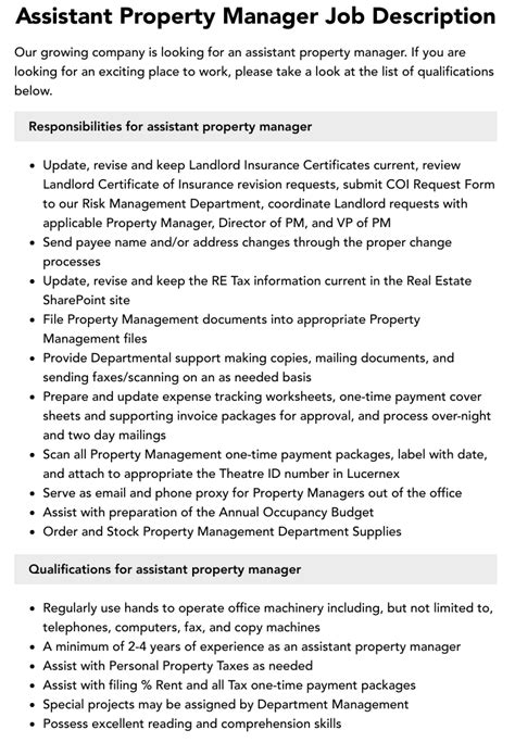 Assistant Property Manager Job Description Velvet Jobs