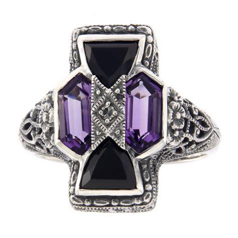 Unique Art Deco Style Amethyst Onyx Diamond Filigree Ring Sterling