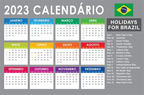 2023 Calendar Vector Brazilian Version With Holidays Light Colorfull