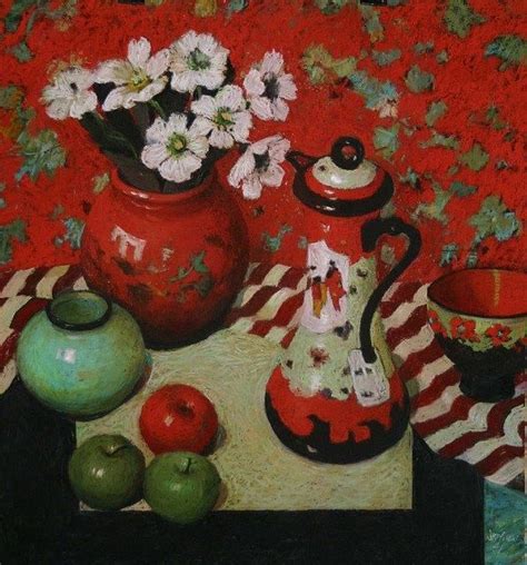 A Painting Of Flowers And Fruit On A Table With Red Wallpaper Behind It