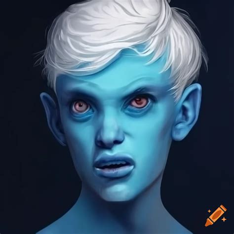 Blue Skinned Alien Man With Pointed Ears And Wavy White Hair
